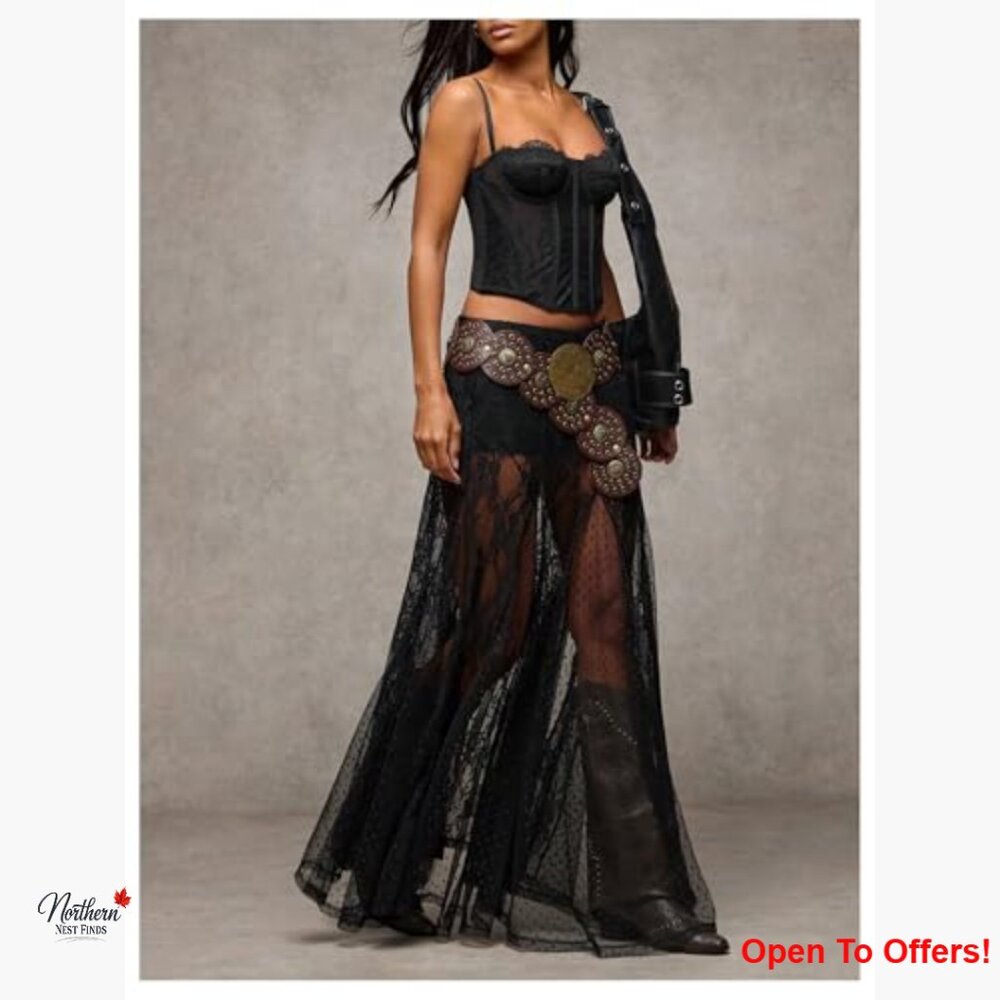 Sheer Lace Maxi Skirt Low Waist Ruffle Hem A Line Flowy - Picture 6 of 7